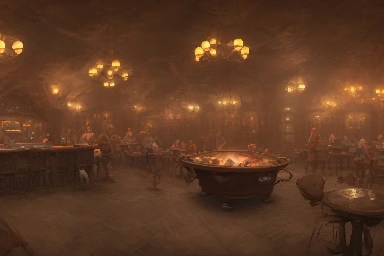 fantasy setting, a tavern, with a large dining room and a bar on one side. At the bar, a larger, older man with no hair is standing, conversing with a dwarf sitting in a bar stool on the other side. A large fireplace in the center of the room. In addition to that, there are a handful of guests scattered around the room…