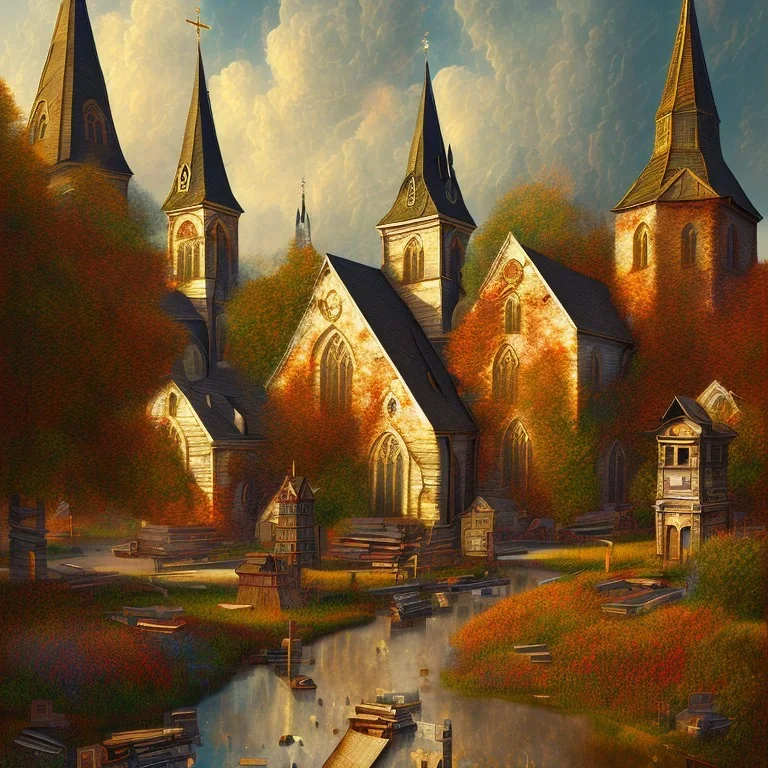 an abstract painting of a small town with churches, mixed media, textured, highly detailed