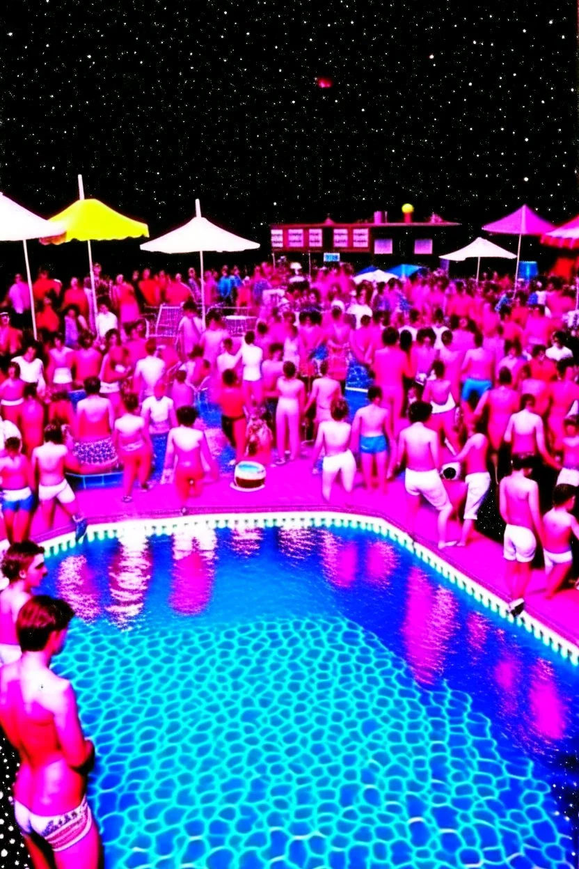 techno rave party in 80's with swimming pool on the moon full