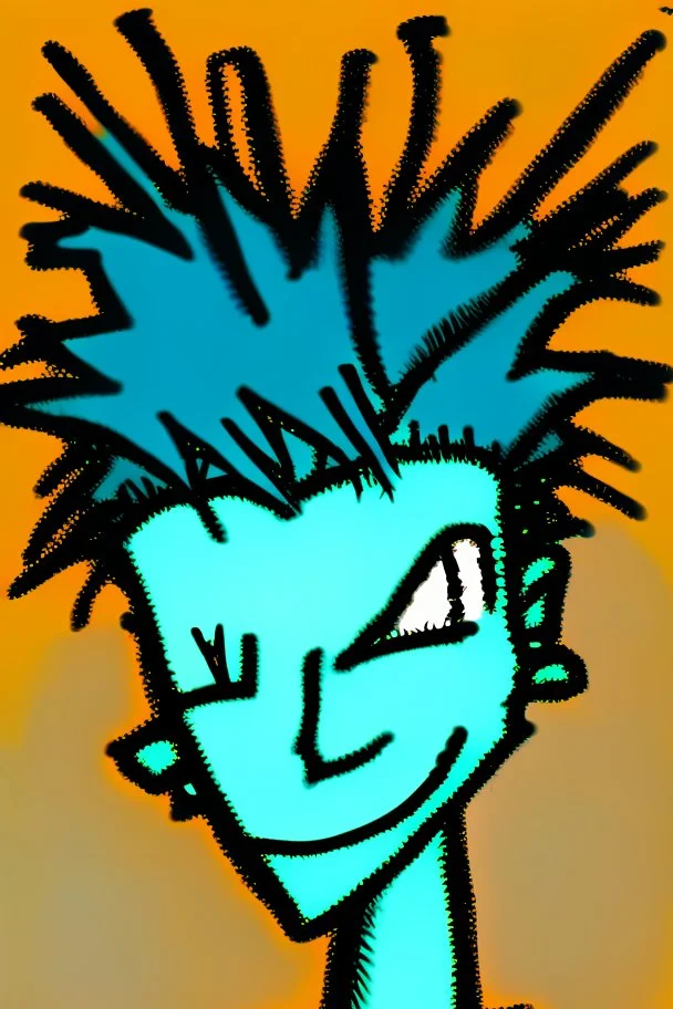 2d portrait drawing of a stickman, cool with punk hair, x eyes like hangman, close-up, side view bended looking into the camera, smiling,in colour