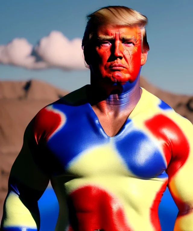 Realistic image of Donald trump wrestler, Mexican wrestling style, eye liner, red and blue breeches, glow us flag dress, suspenders, retro style, 80s, vibrant color, highly detailed, clean background, concept art, unreal engine 5, god rays, ray tracing, RTX, lumen lighting, ultra detail, volumetric lighting, 3d, finely drawn, high definition, high resolution.