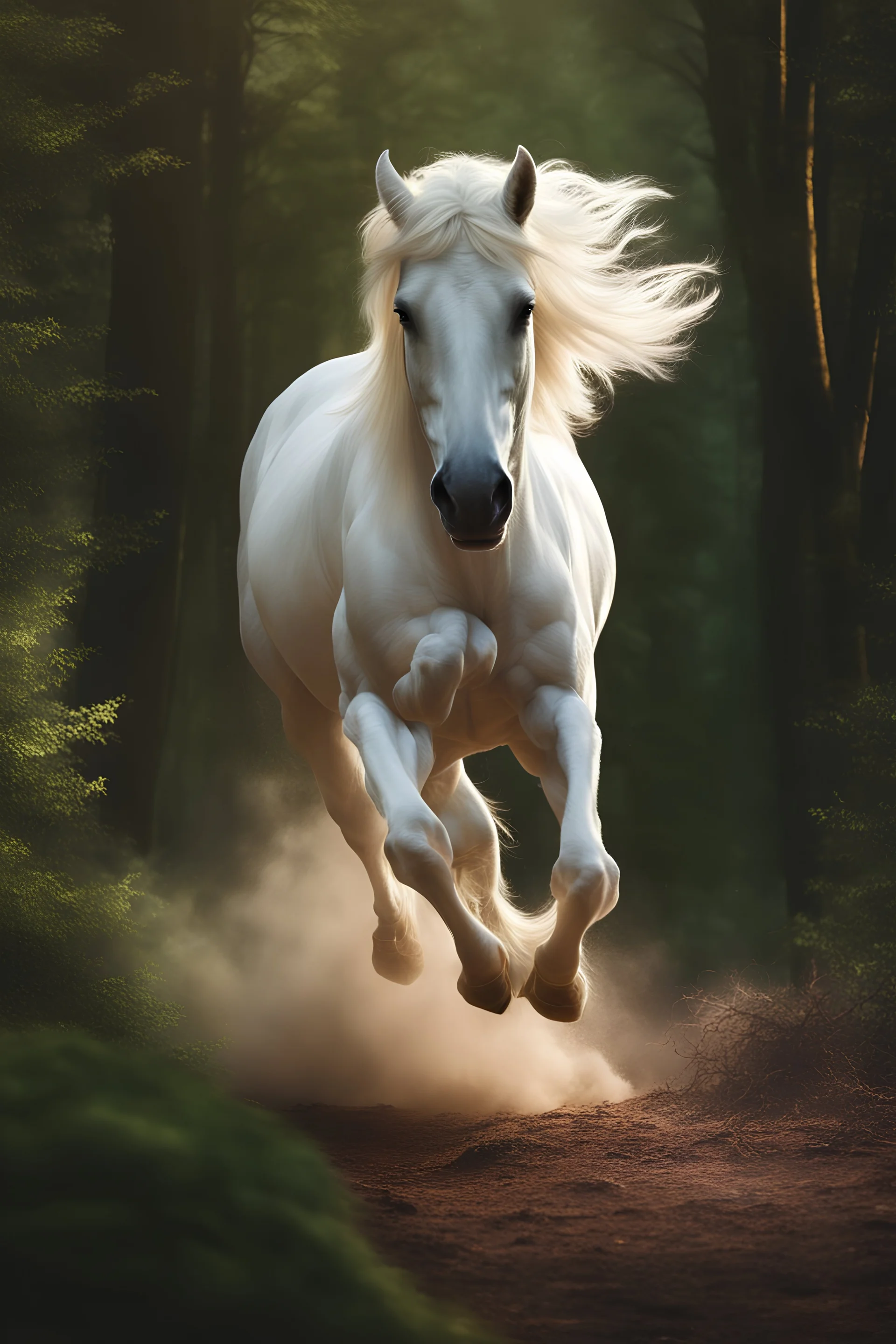 Ultra realistic photo of A majestic white stallion galloping through a lush, enchanted forest., fantasy, futuristic style, mystic, HOF, captured with professional DSLR camera,64k, ultra detailed,