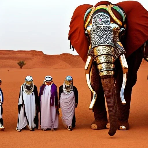 A mechanical chrome elephant next to a group of Robotic Bedouins in Sahara by arik roper