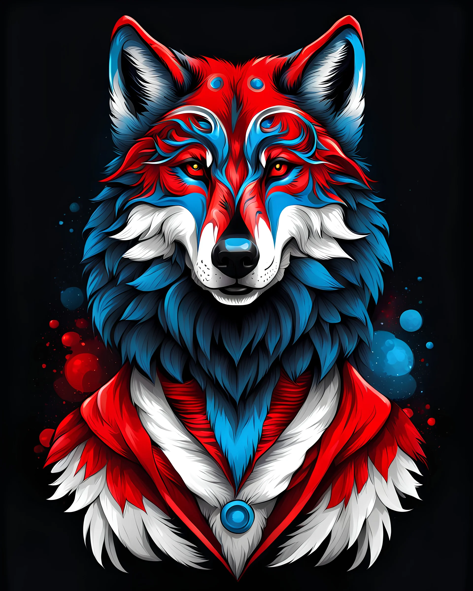 anthropomorphic wolf full body art illustration black background red, blue and white color