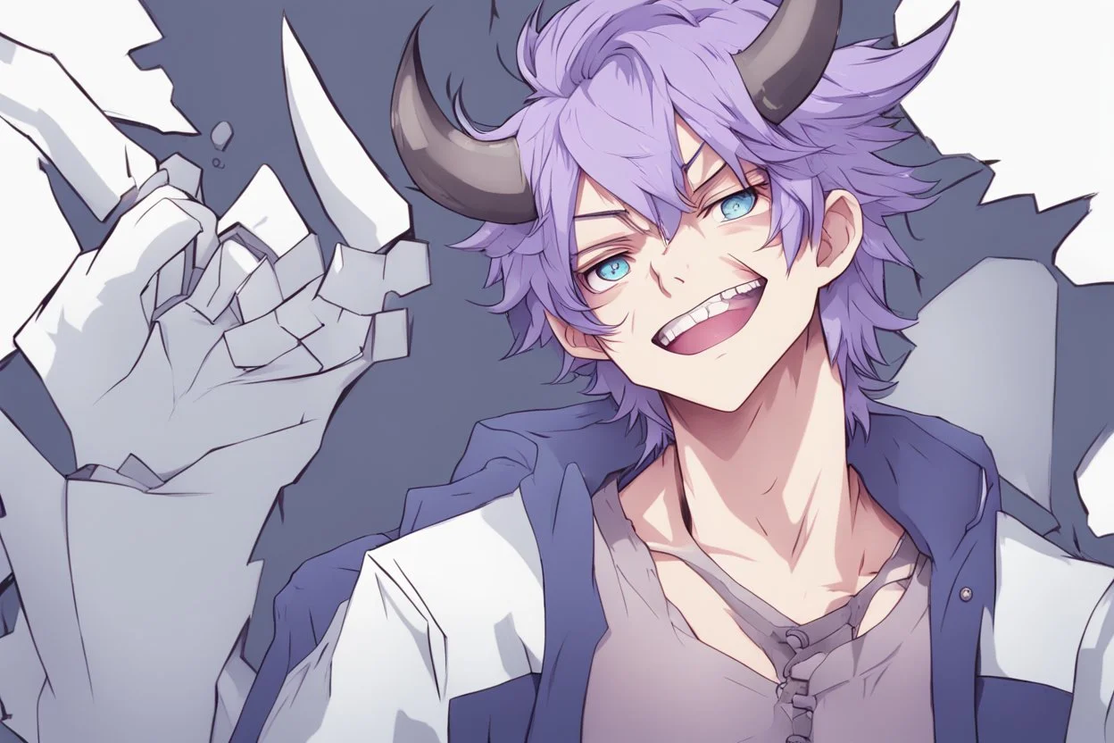 Young anime man with demon horns, fangs, messy purple hair and blue eyes