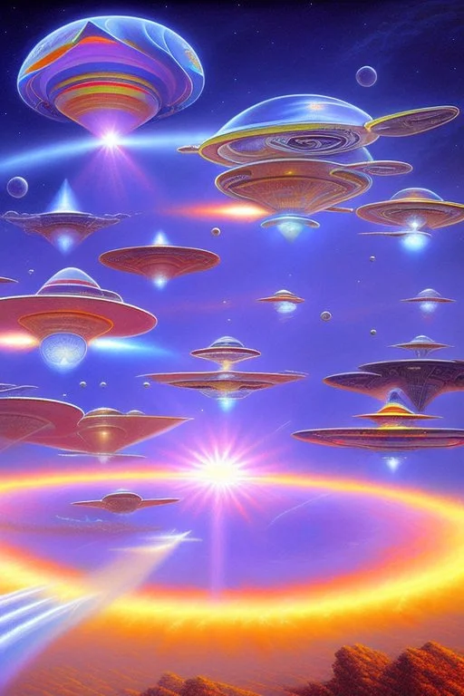 intergalactic very beautiful ufo rainbow futurist,mother ship pleiadien,crystal and light diamond