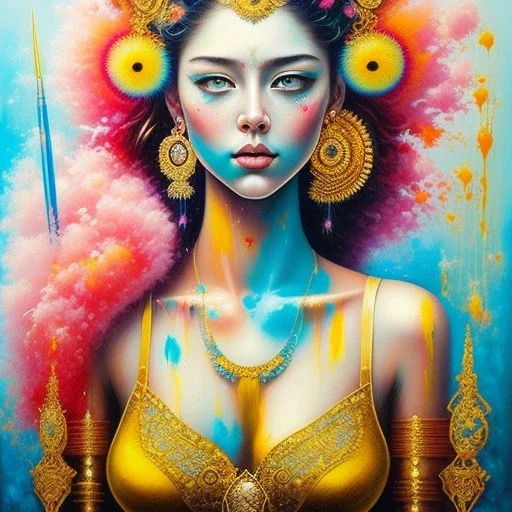 iv_a painting of a young woman, figurative art, an acrylic detailed painting, , brush strokes, paint drips and drabs and splatters by Harumi Hironaka, turquoise pink and yellow, james terrell art, trending on artstation, soft lines,intricate art by bastien lecouffe deharme and greg rutkowski