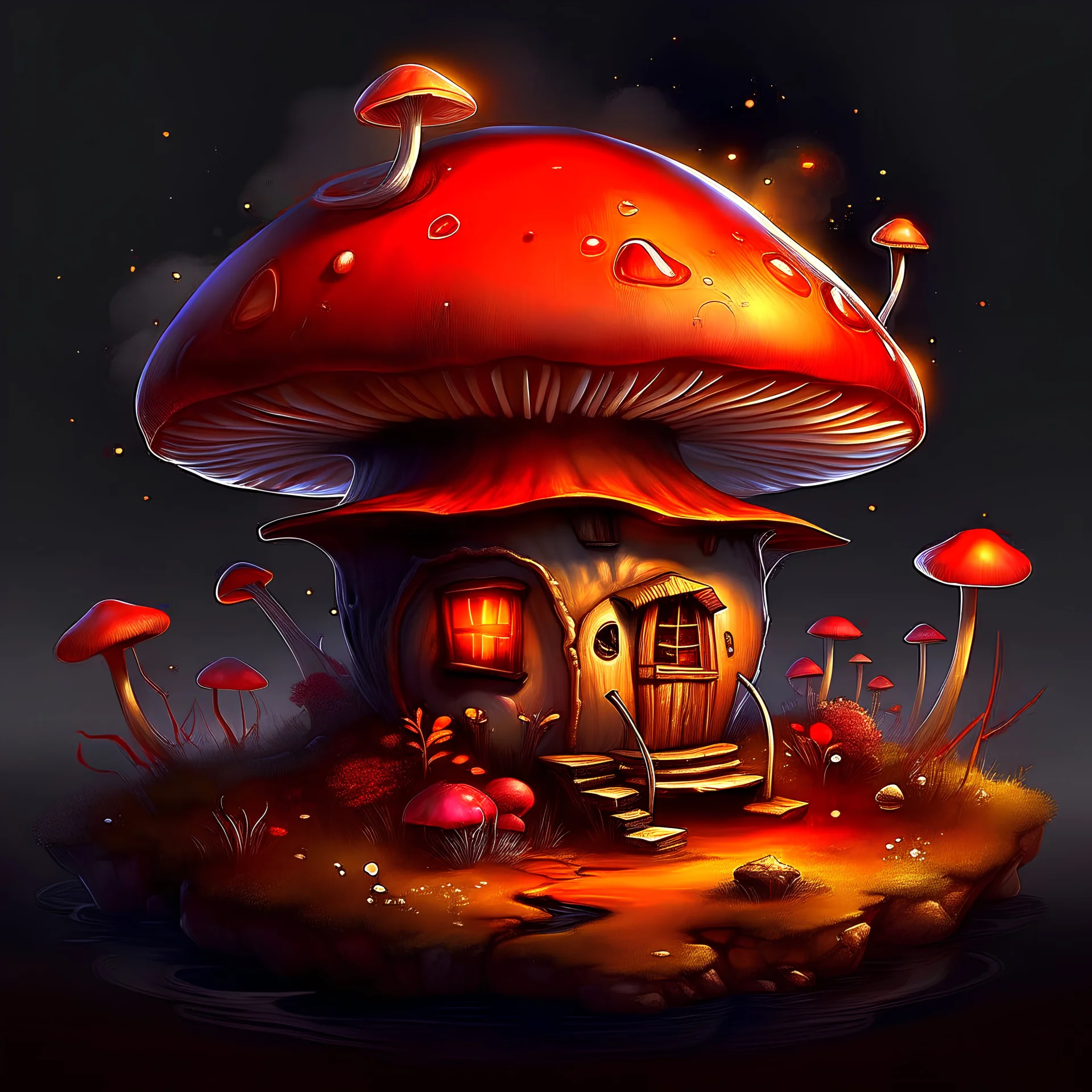 Wonderful spotless mushroom house in space. Floating Island in space. Black, crimson and tangerine colored fine detail oil painting photo realistic hyper detailed perfect composition trending on artstation.