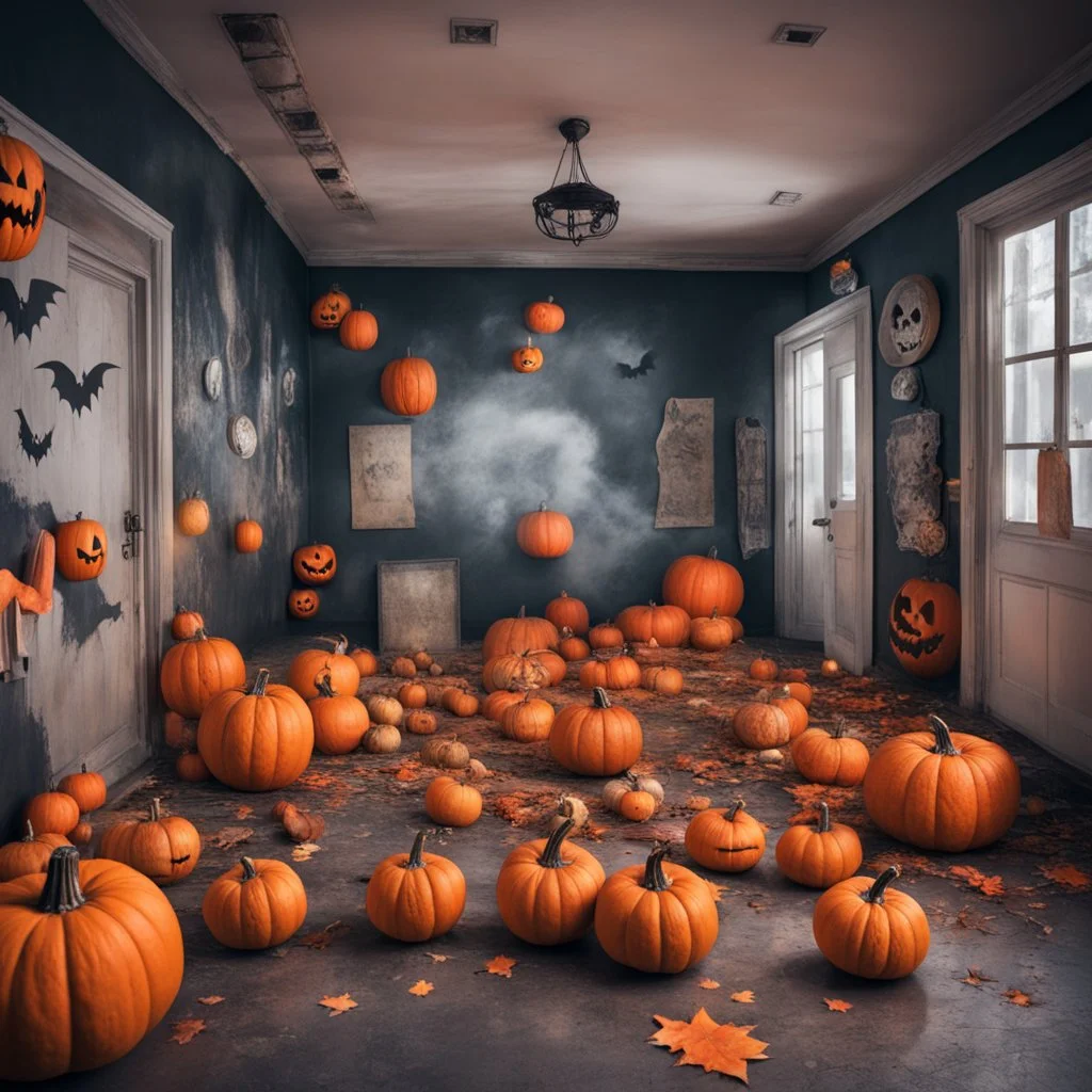 A scary Halloween room at school with nasty pumpkins and everything that belongs to Halloween