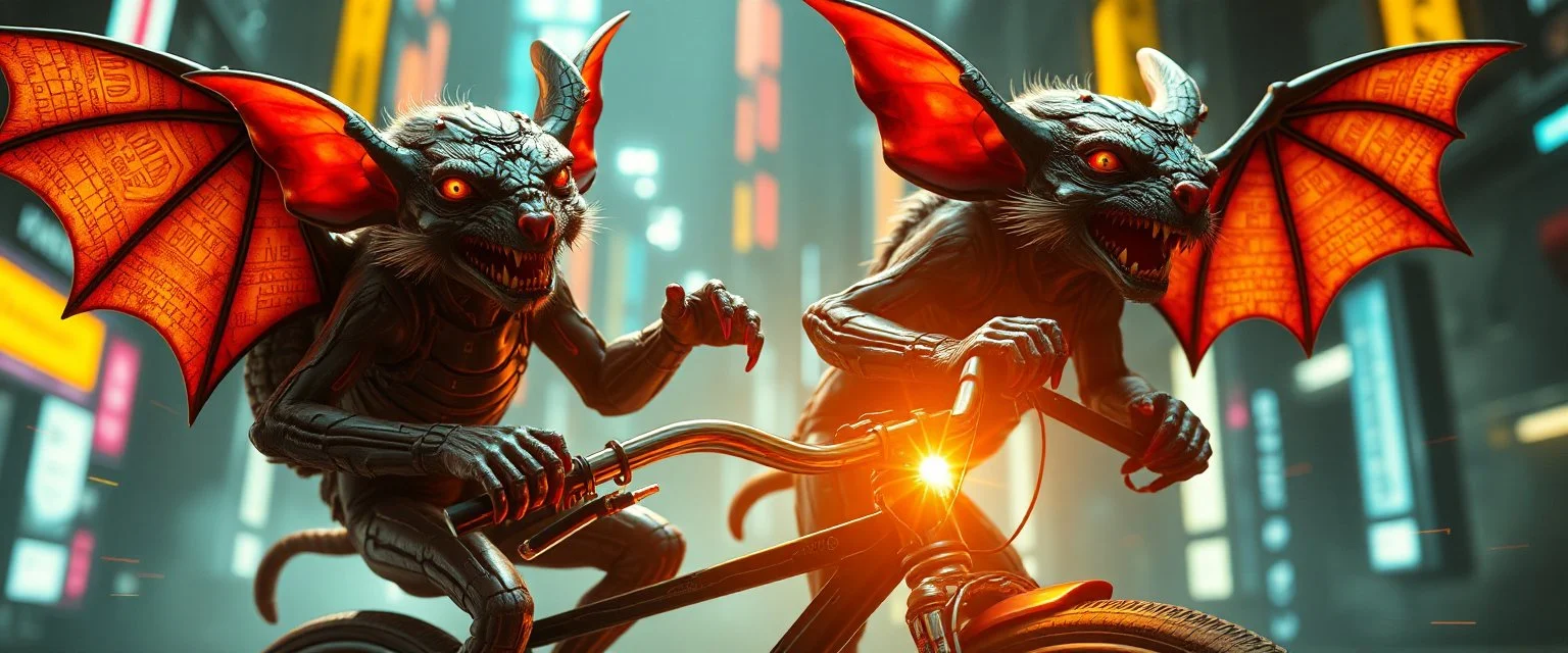 cyberpunk imagery synchronized mechanical gremlin rat bat drumming bicycle flickering stable core