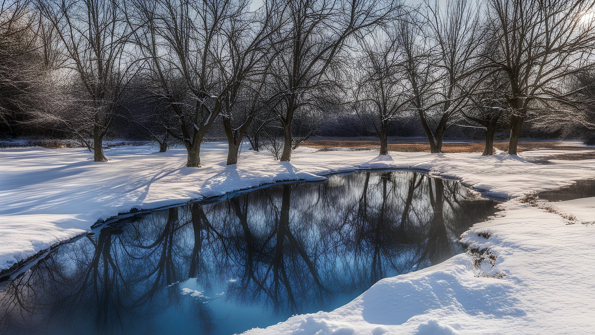 The pond is half frozen, today the sun was shining, the water had a stunning blue colour