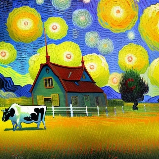 Dibujo al oleo de una pradera con una casa y unas vacas con muchas nubes de colores estilo Vincent van Gogh