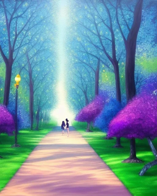 park mystical dream, park bench, man, woman, child, dog, pretty blue and purple trees, blue path, bird, jogger, sunshine, mystical, fantasy, romanticism, cinematic, award-winning, beautiful colors, daylight, daytime, acrylic painting,