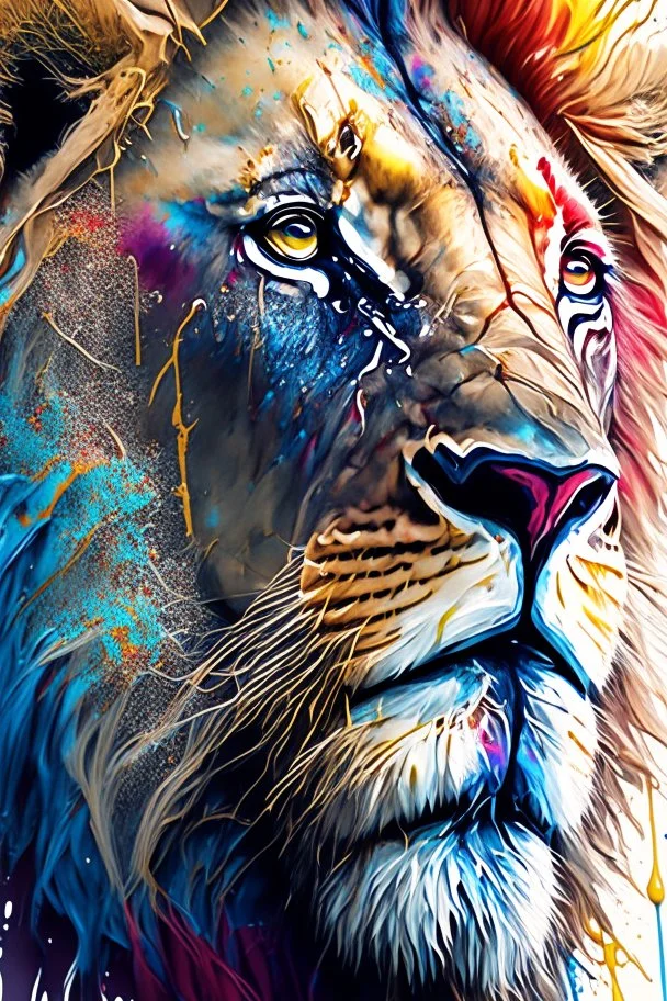 "lion", clean design, epic Instagram, art station, splash of colorful paint, contour, ((solid white background)), closeup, looking into camera, hyperdetailed intricately detailed, unreal engine, fantastical, cinema lighting, intricate detail, splash screen, complementary colors, fantasy concept art, 8k resolution, DeviantArt masterpiece, watercolor, paint dripping