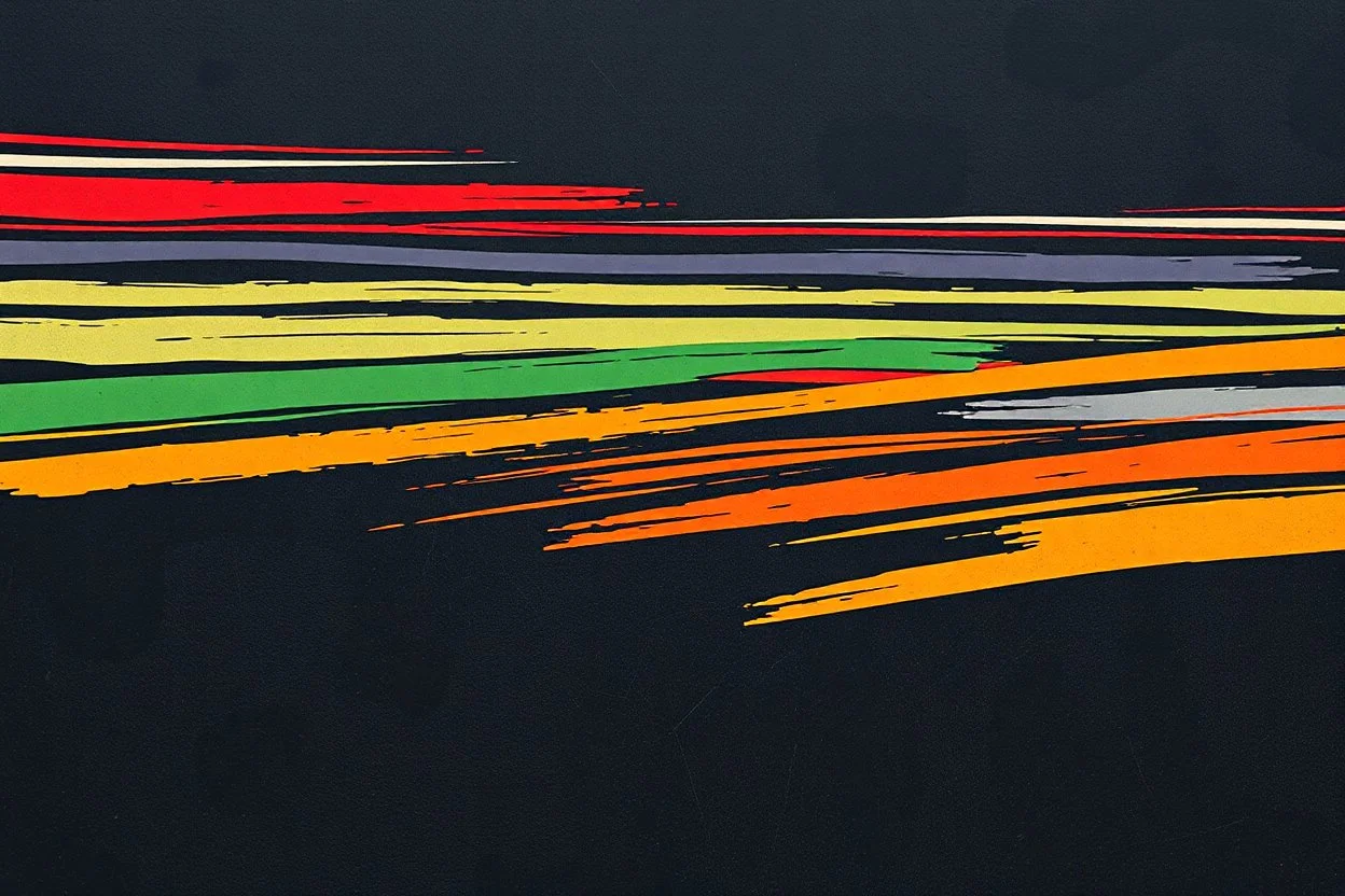 energetic and masculine colored horizontal streaks and wedges over a chaotic and weathered dark textured background, as a simple vector