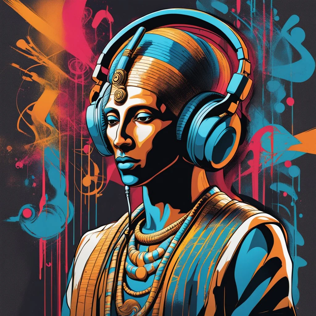 Illustrative sketch of Pharaoh Akhenaten in music with headphones, contrasting colors, full body, ultra quality, hyper detailed, graffiti, concept art, maximalism, 8k