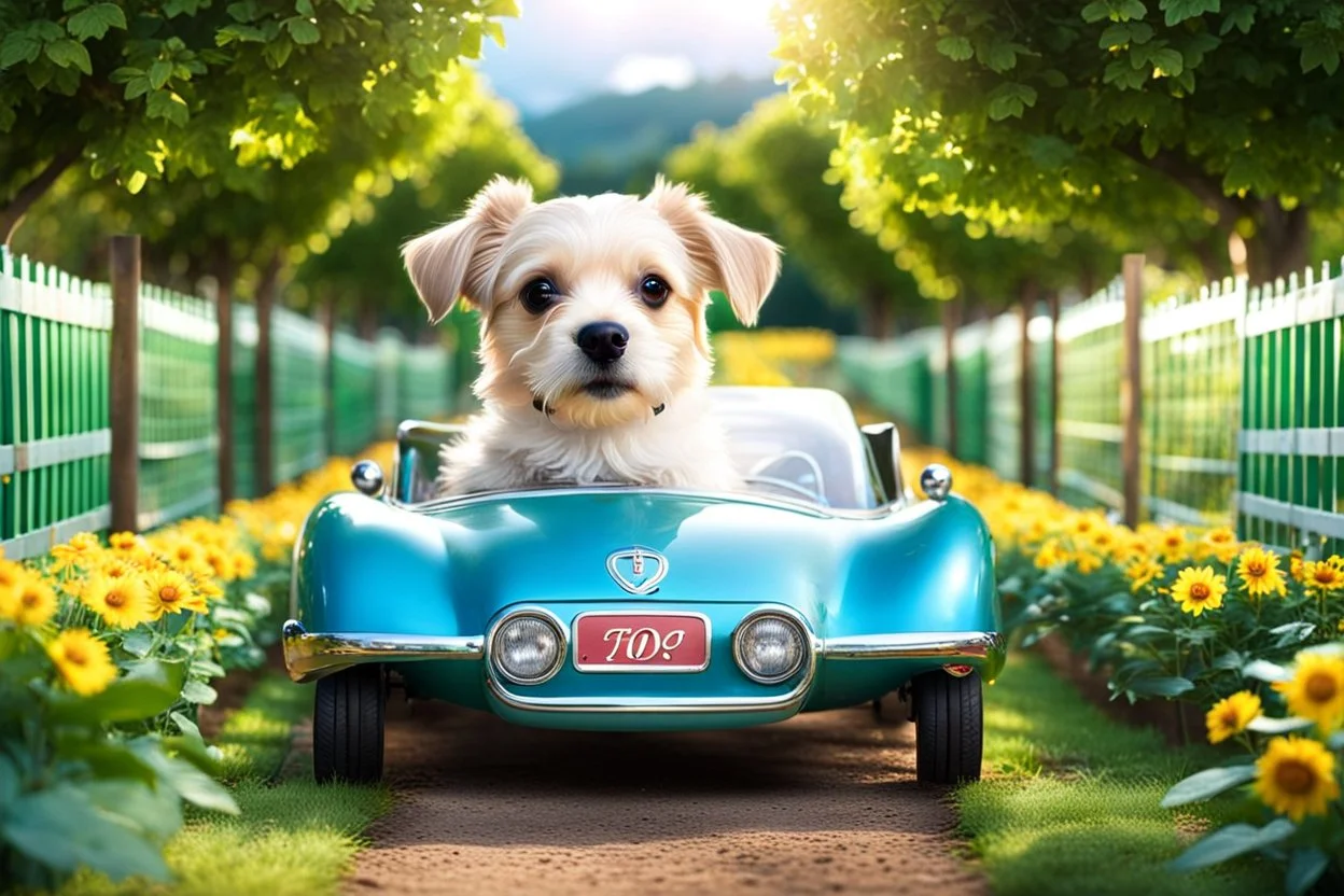 Here is the translation to English: "A beautiful dog with a human-like face sittin in a toy car in a flower and tree farm"