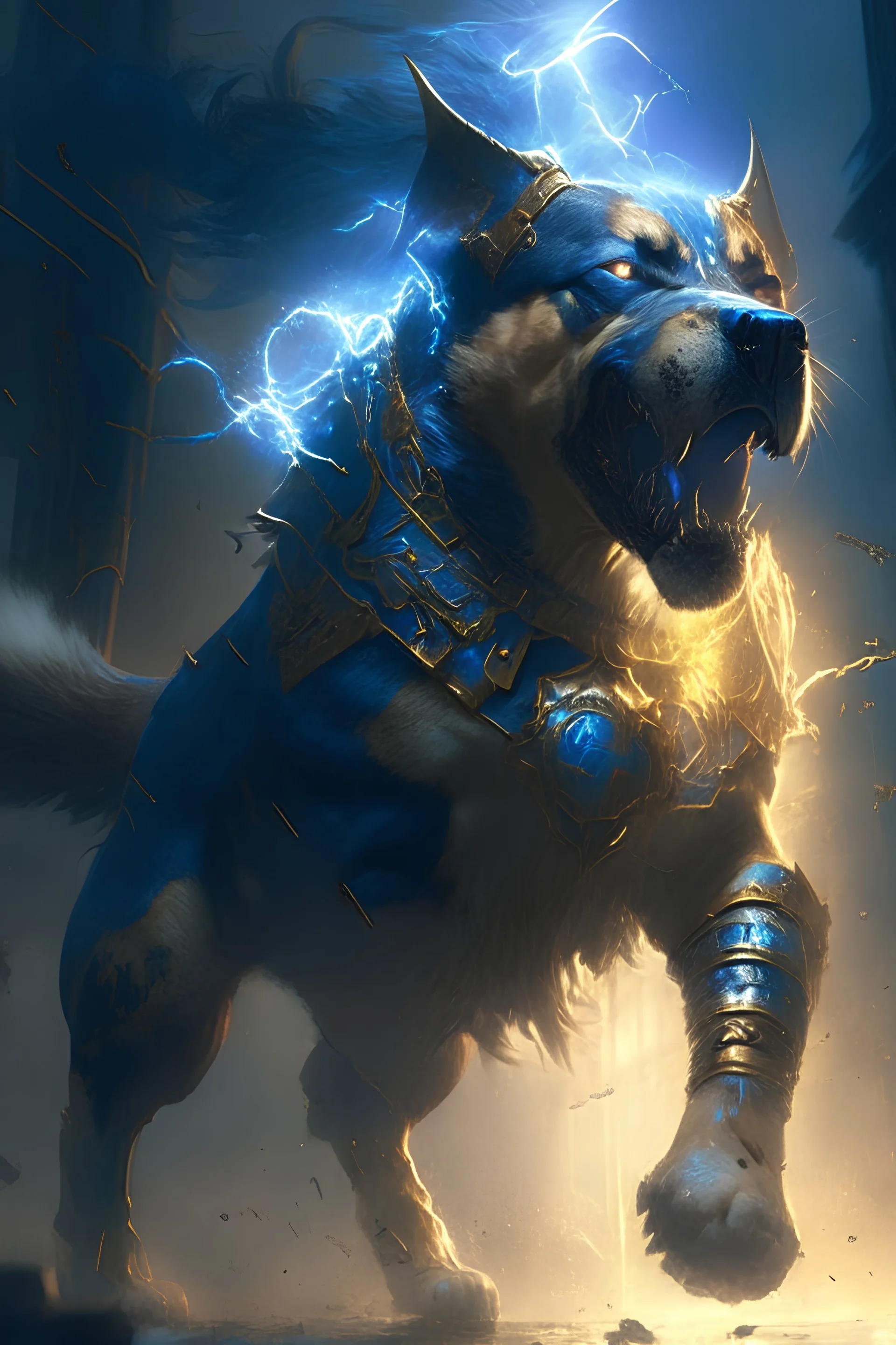 a brawl dog from Valhalla pet of thor, HD resolution, dark fantasy concept art, by Greg Rutkowski, dynamic lighting, hyperdetailed, intricately detailed, Splash screen art, trending on Artstation, deep color, Unreal Engine, volumetric lighting, blue and gold complementary colours