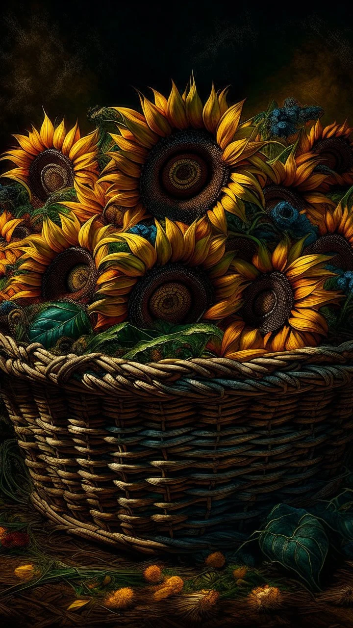 Bosch nightmares paining style Title:a basket full of colourful sunflowers , 8k artistic photography, photorealistic concept art, soft natural volumetric cinematic perfect light, chiaroscuro, award-winning photograph, masterpiece, oil on canvas, Raphael, Caravaggio, Greg Rutkowski, people, beksinski, Giger