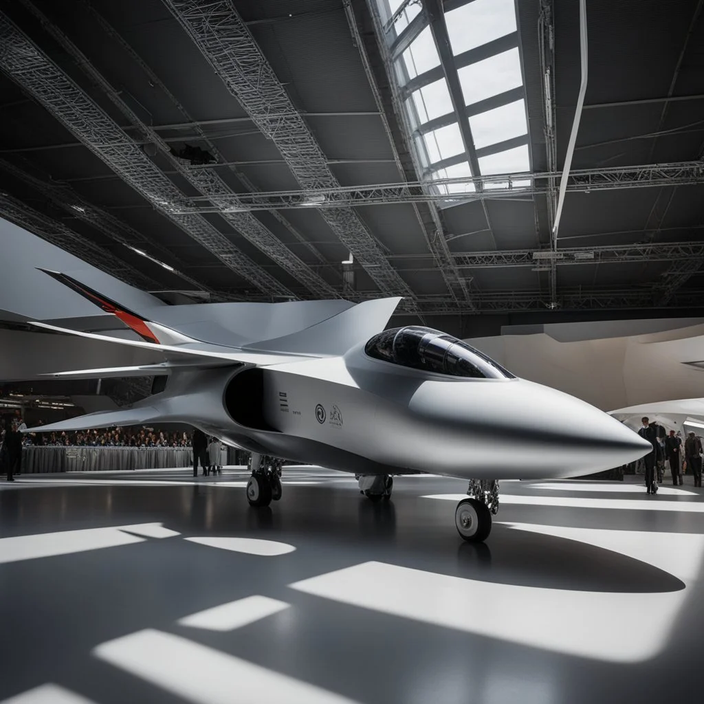 A photo from a distance shows the overall shape of a futuristic and sophisticated fighter plane with a design like a futuristic spaceship in a technology exhibition space event.