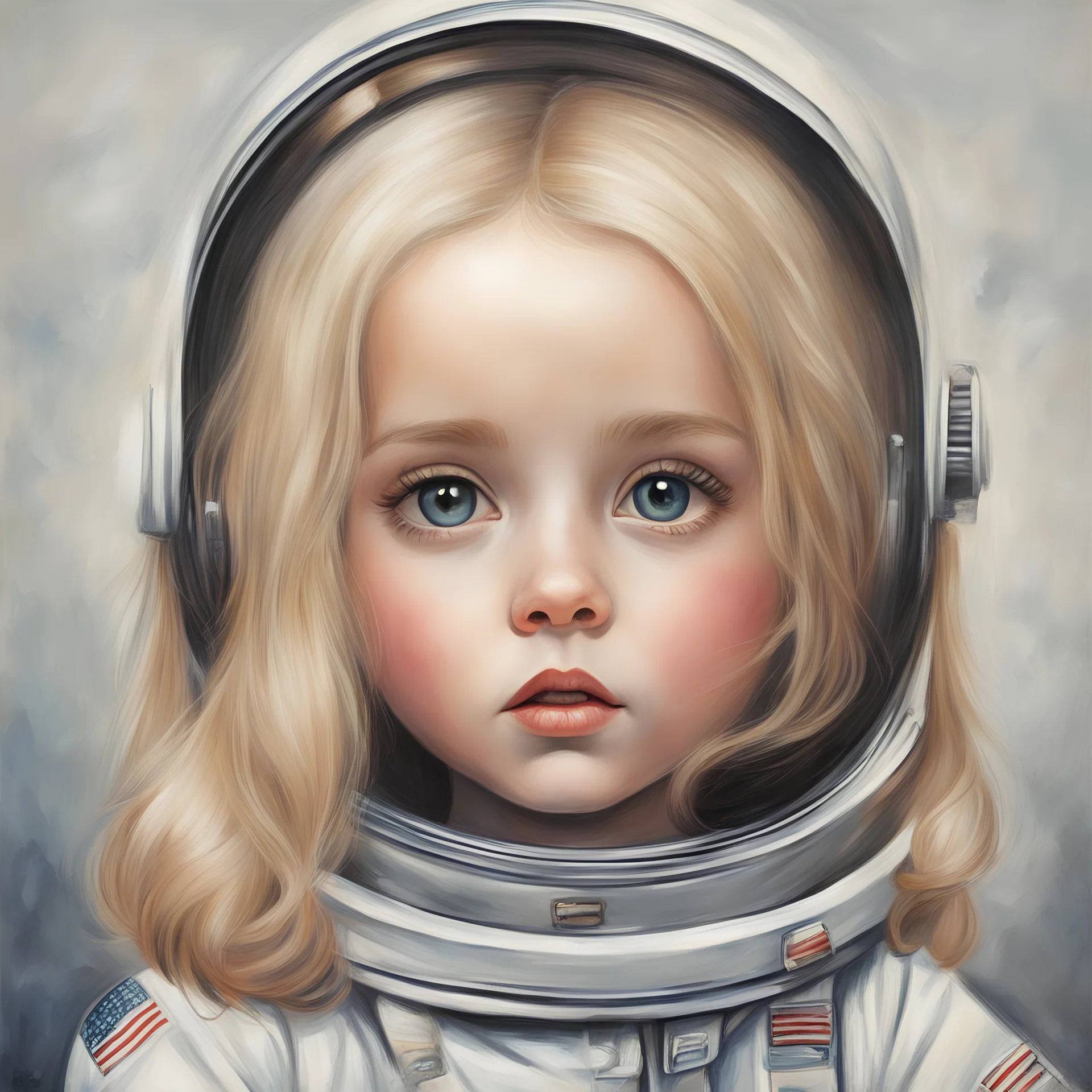 blond Little girl , astronaut,, long hair, , in the style of Margaret Keane