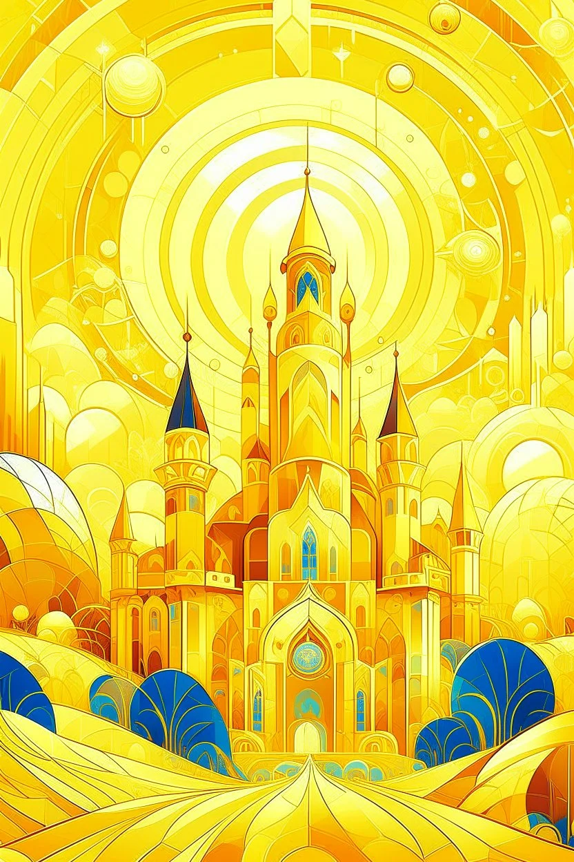 A yellow heavenly kingdom with a glittering palace in Cubism art style