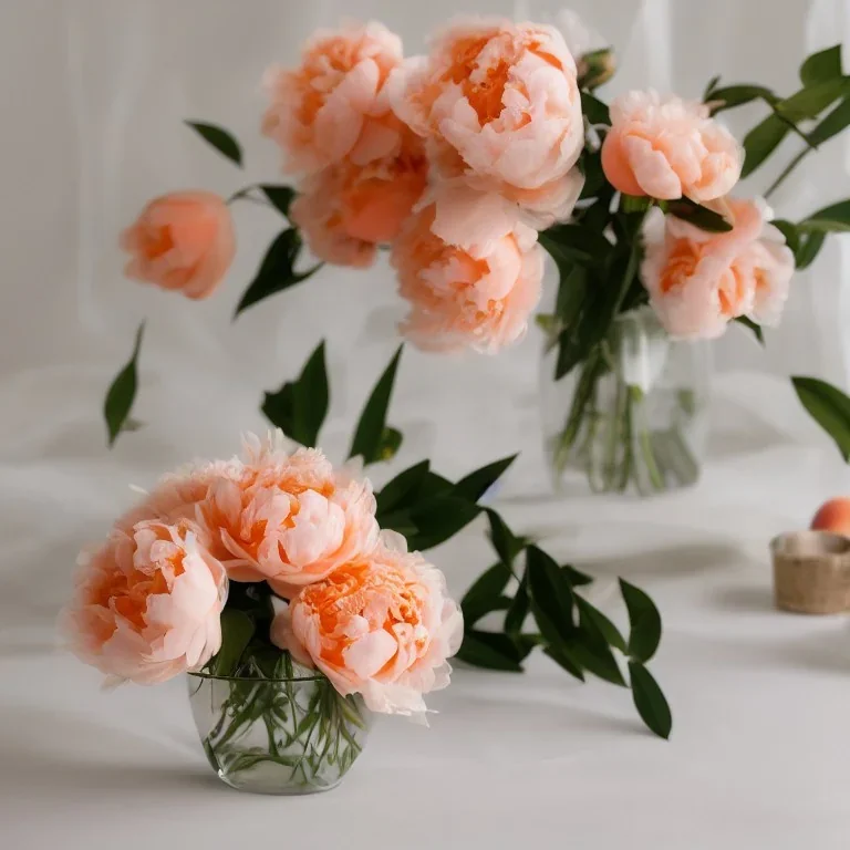 cinematic shot of peonies made from peach tulle in a glass bowl, warm lighting, soft lighting, bokeh, linen, luxurious