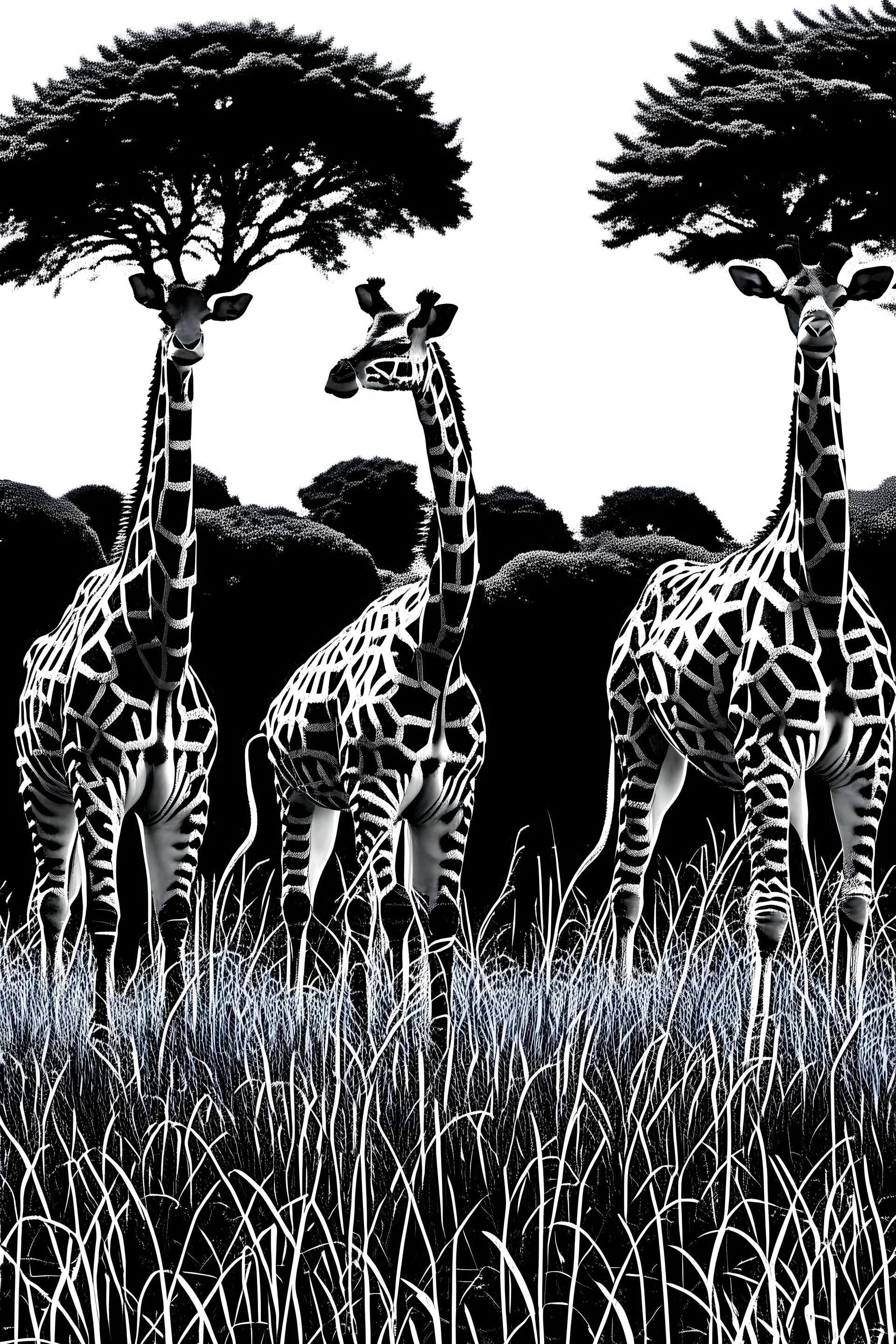 A black outlined picture of giraffs grazing on grass