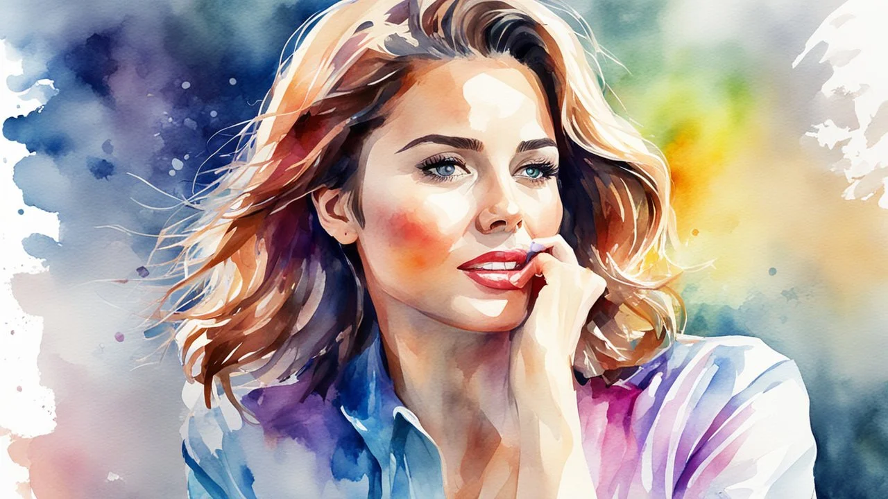 watercolor, beautiful woman talking on a smartphone, clear focus, high detail. 3d, 64k, high resolution, computer graphics, hyperrealism, f/16, 1/300 sec. digital painting, pop art,