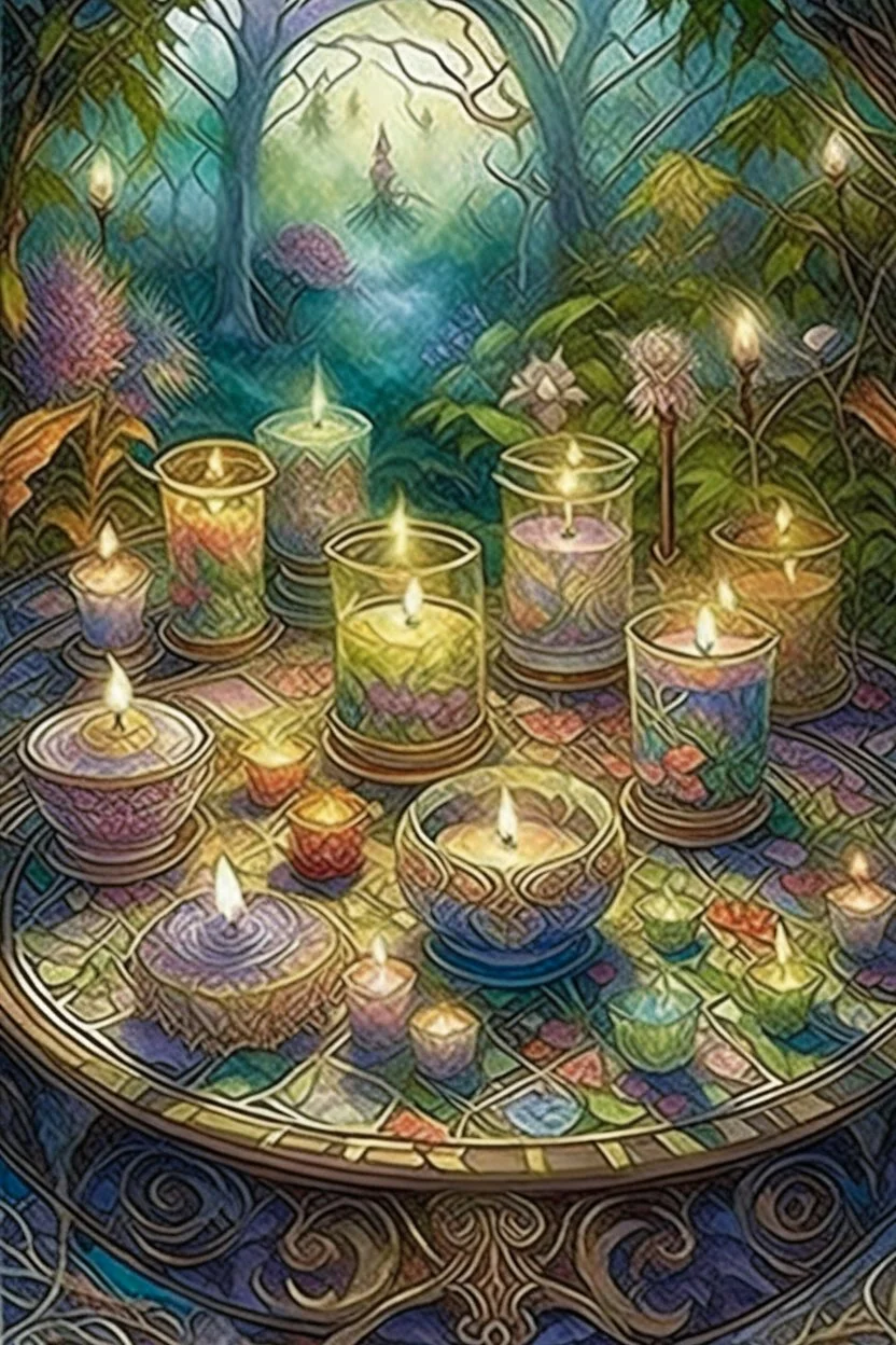 Tarot card candles on the tableornament of a fabulous landscape, ornament, forest, delicate, light, transparent spring, ornament, in the style of Josephine Wall, grunge, intracate, map, careful drawing, watercolor, dot graphics, natural colors, Grotesque, Micro detailing, Art botanical