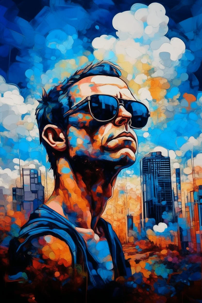 A surreal picture of a man wearing sun glasses with crystal visible chest in side it merge a big city buildings. Busch painting style , mystery, anger oil rough brush with thick colors, wearing nucleus with big cross on his chest , blue colors picture with colorful clouds