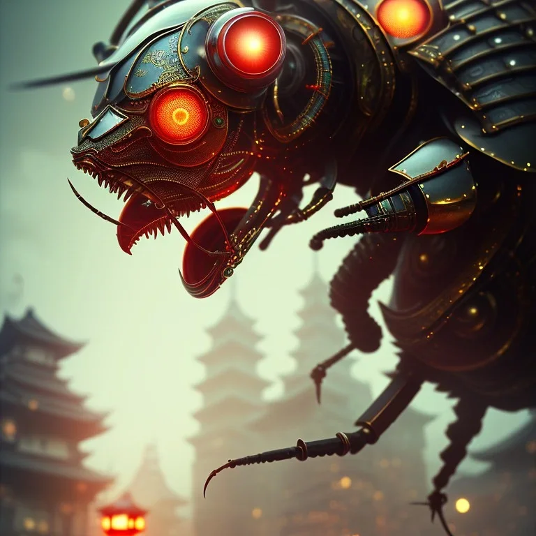 close-up of a insect face with samurai armor in a low-light japanese city street with laterns, realistic, steampunk, 3d-art, futuristic, minimal design, unreal engine