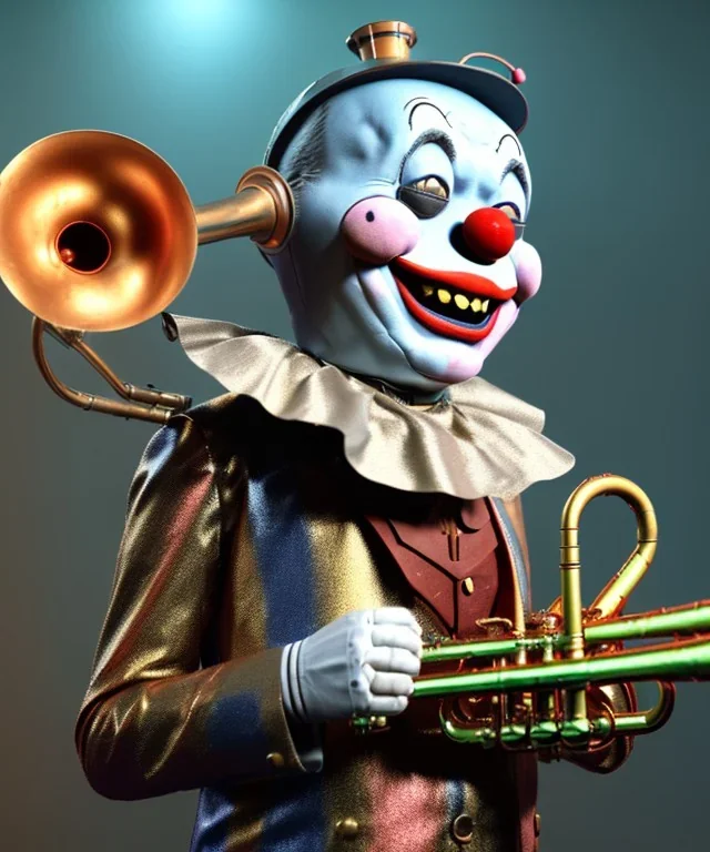 mechanoid smiling friendly clown playing jazz with a steampunk theme, trumpet, realistic