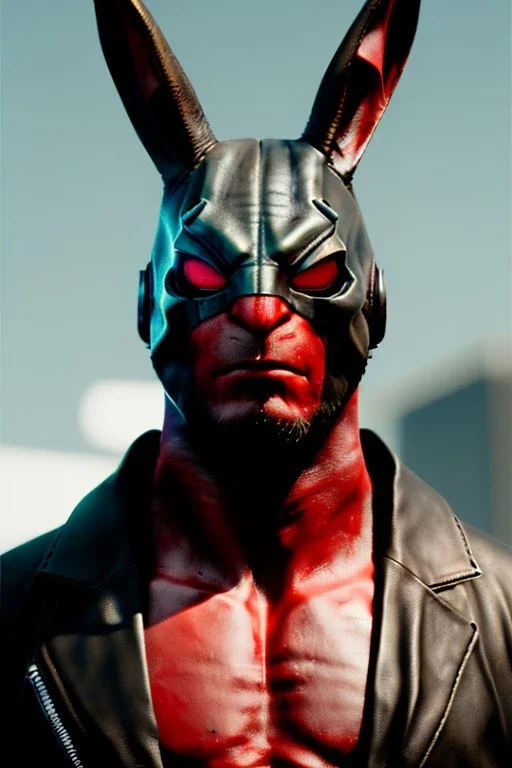 Medium Close Up Portrait, Front image. cyberpunk, rabbit mask helmet, strong man, titanium hair. Leather suit. Black, red, color. Hellboy style. Color background, photo studio. Avatar image, highly detailed, concept art, smooth, unreal engine 5, ray tracing, RTX, lumen lighting, ultra detail, volumetric lighting, 3d, finely drawn, high definition, high resolution.