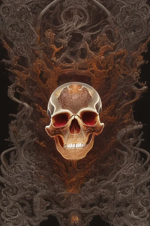 A beautiful highly detailed ornate intricate portrait of a flaming demon skull made of shiny obsidian glass :: reflective, glassy :: subtractive lighting, backlit :: by John William Waterhouse, Greg Rutkowski, HR Giger :: hyperrealistic, hyper detailed, photorealistic :: epic, incredible composition, amazing depth, meticulously composed, 16k resolution concept art :: fantasy magazine cover art