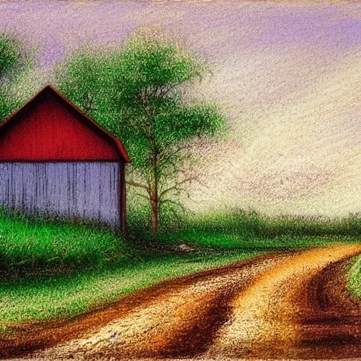 gravel road, farm, outside village, pastel colors