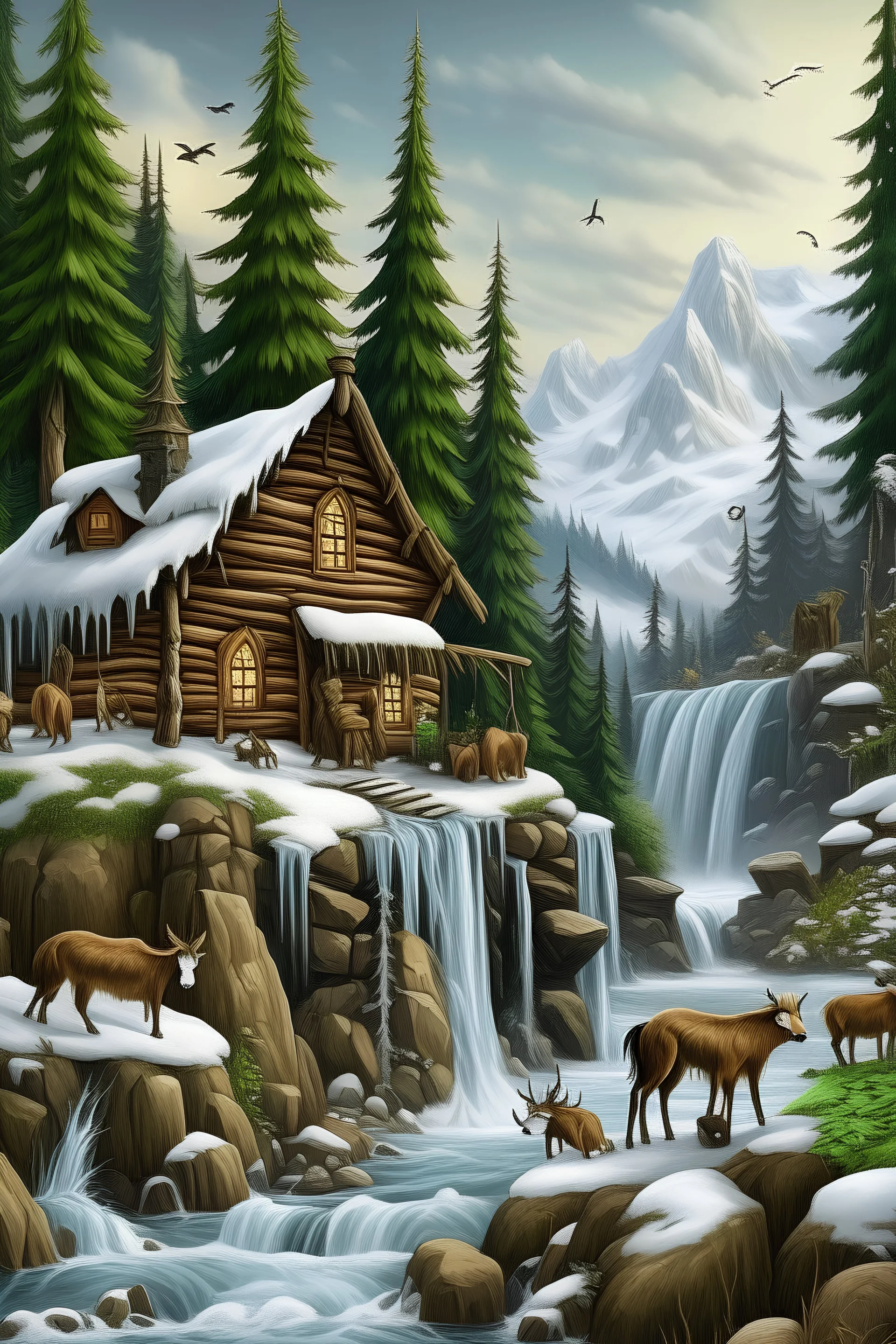 Cabaña de madera en una montaña con una cascada a la derecha y nieve. Con alces y lobos alrededor.