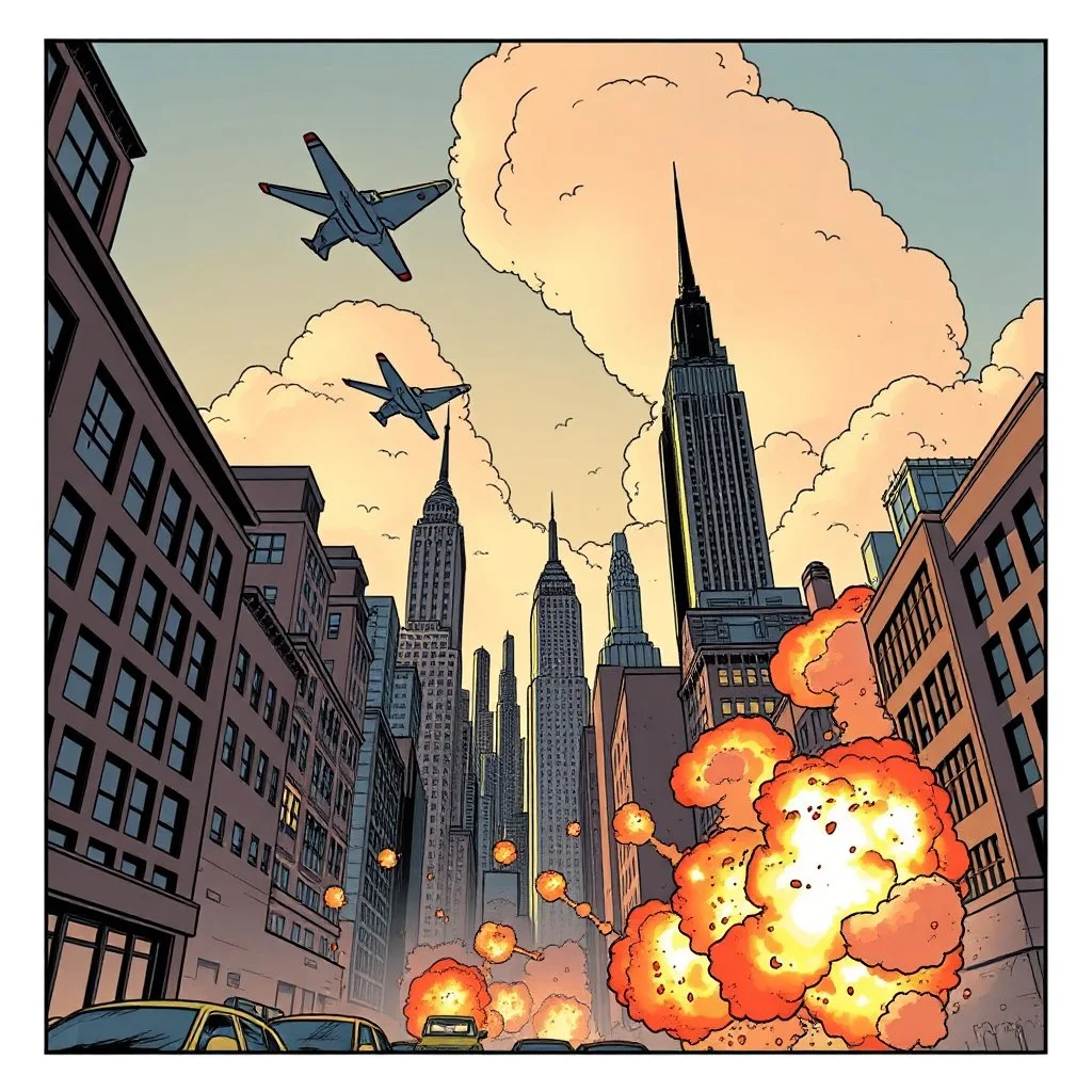 escenario de explociones en las calles e nueva york, con aviones caza volando en el cielo, con la perspectiva de abajo hacia arriba y dibujo estilo marvel comics