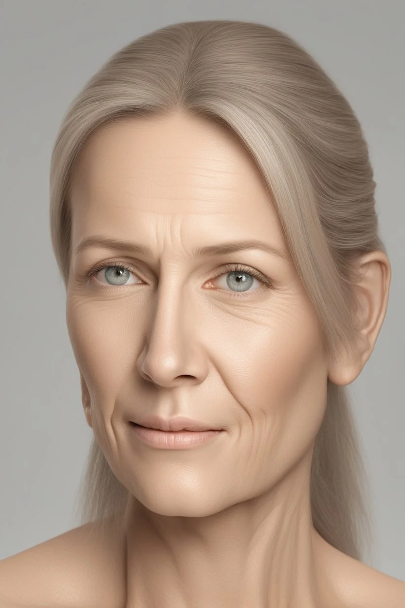 realistic, (49yr old female)without makeup, Caucasian beautiful face, 3/4 head position, dark hair, studio lighting, cinematic light, beautiful woman, milk beige middle hair, perfect anatomy, on white background, 8k Resolution, highly detailed, non-symmetrical body a, detailed hairstyles and skin texture