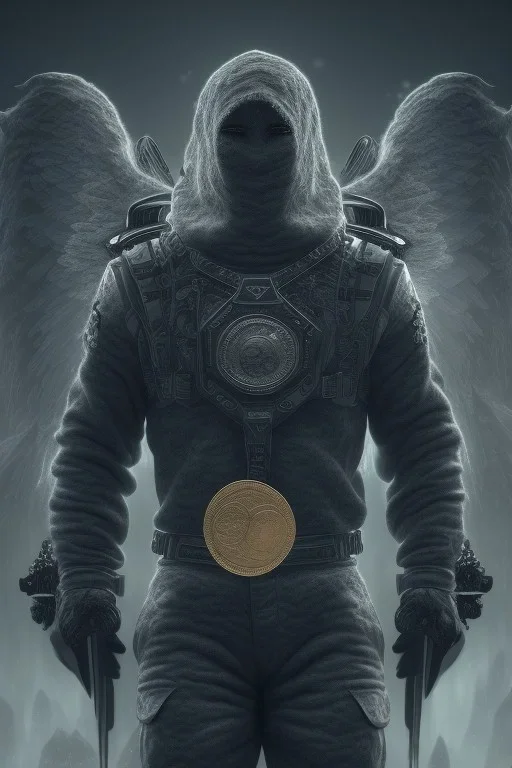 running berserker portrait , no face, black jogging suite , in the night Alps , holding coins , angels background, volumetric light, high detail, dark leaf tree, dark mountains in background, perfect, HR Giger style