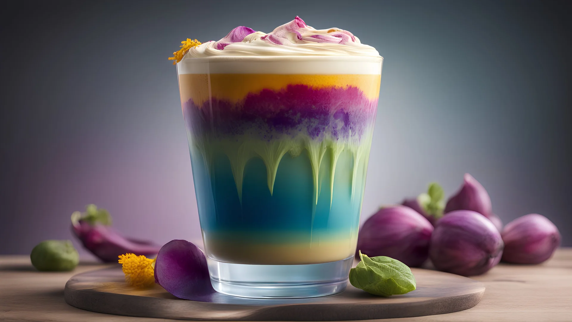 A beautifully layered latte with each layer a different vibrant color, achieved using natural ingredients like beetroot, turmeric, matcha, and butterfly pea flower. The drink is served in a clear glass to showcase the rainbow effect. Ultra Realism, beautiful intricate insanely detailed octane render, 5d, 16k, artistic photography, perfect light, chiaroscuro, award-winning photograph, masterpiece, rule of thirds, 35mm lens, adjust perspective