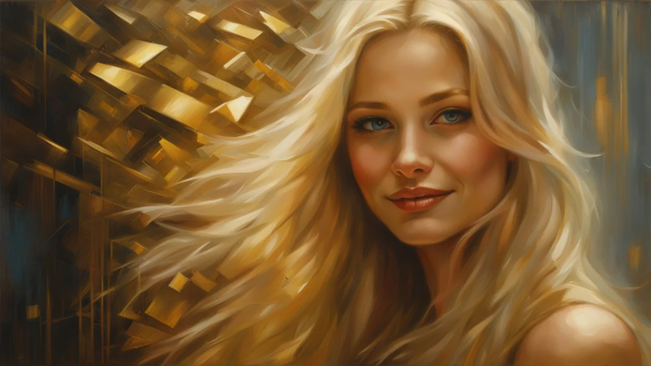 In Casey Baugh's evocative style, art of a beautiful young smiling blonde girl with long brown hair, futuristic, scifi, intricate, elegant, highly detailed, majestic, Baugh's brushwork infuses the painting with a unique combination of realism and abstraction, greg rutkowski, surreal gold filigree, broken glass, (masterpiece, sidelighting, finely detailed beautiful eyes: 1.2), hdr, realistic painting,