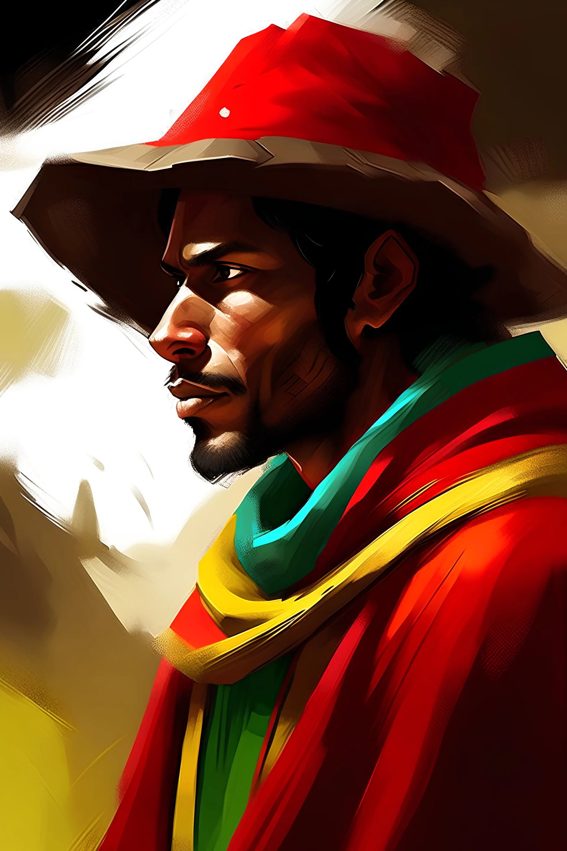 Digital art, high quality, digital masterpiece, natural illumination, Colorful, Comicbook style, epic film style, (upper body:1), (1 Peruvian man dressed with a poncho and a chullo:3), (Red and Black poncho:1.5), (White sombrero on the Chullo:1.8), (looking to the right with his fist up: 1.8)