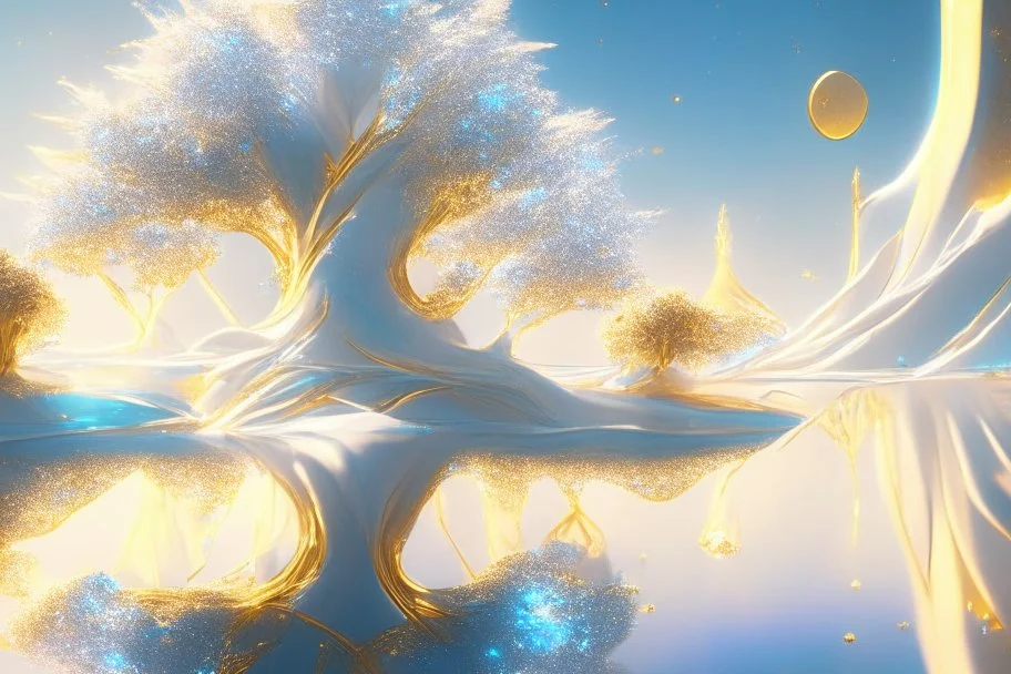 white and gold crystal cosmic and galactic ambiance sky trees river lake surreal, full of details, smooth, bright sunshine，soft light atmosphere, light effect，vaporwave colorful, concept art, smooth, extremely sharp detail, finely tuned detail, ultra high definition, 8 k, unreal engine 5, ultra sharp focus