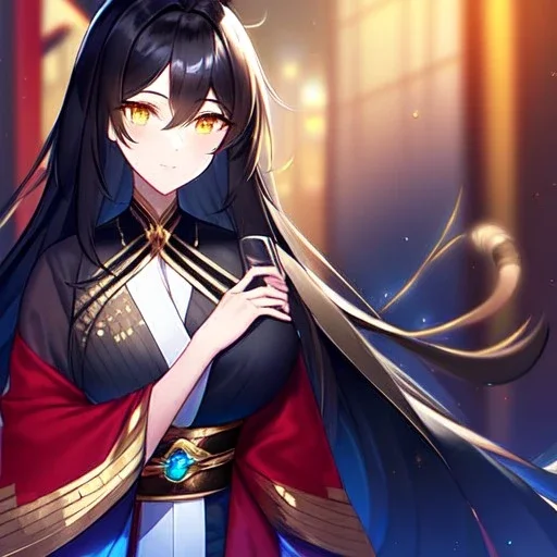 cat girl, masterpiece, best quality, volumetric lighting, detailed outfit, perfect eyes, black hair, golden eyes, long hair, tail, kimono,