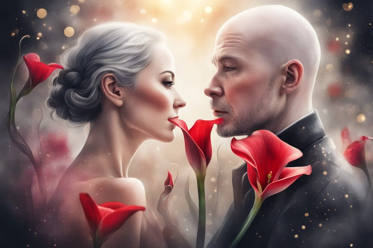 A beautiful brunette woman and a bald man with grey hair searching for the meaning of life and love, red calla lily flowers in sunshine, watercolor and black ink outlines, sparkling golden glitter, ethereal, cinematic postprocessing, bokeh, dof