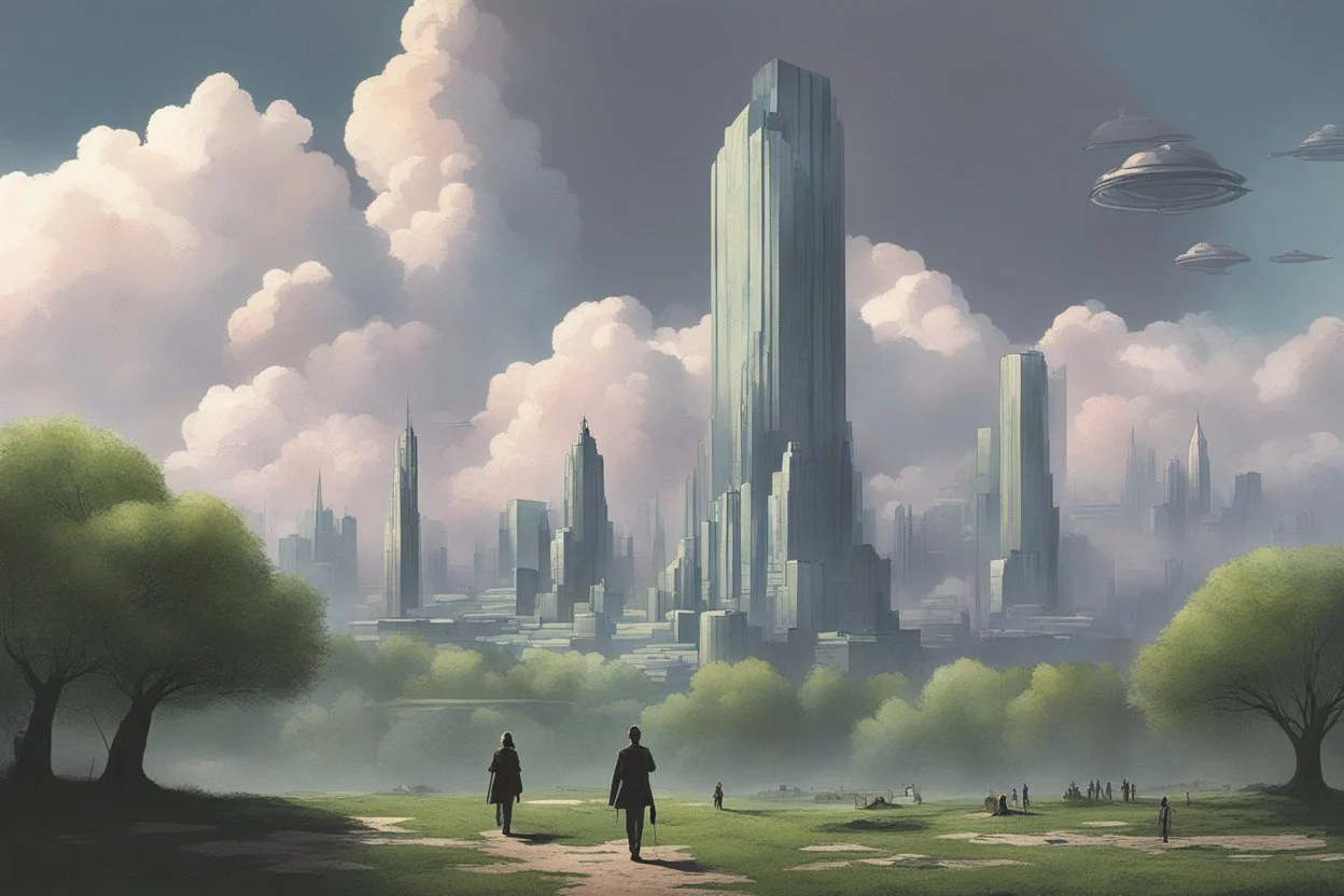 city, sci-fi, clouds, spring trees, people, gary numan influence