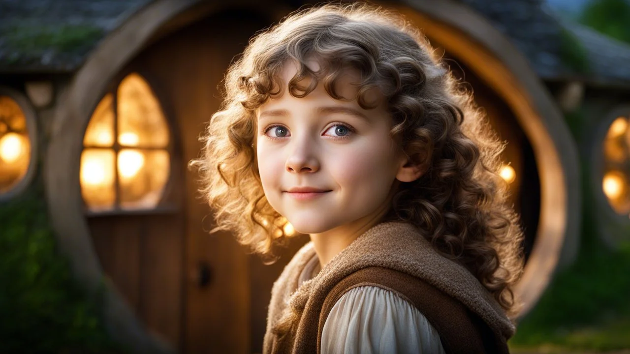 little young hobbit girl, beautiful, confident, calm, wise, happy, innocent, facing camera, head and shoulders, curly hair, hobbit clothing, perfect eyes, LOTR village, hobbit homes with circular windows and round doors, night scene, stars, fireflies, 16k artistic photography, exquisite composition, photorealistic concept art, soft natural volumetric light, chiaroscuro, award-winning photograph, masterpiece, style William-Adolphe Bouguereau