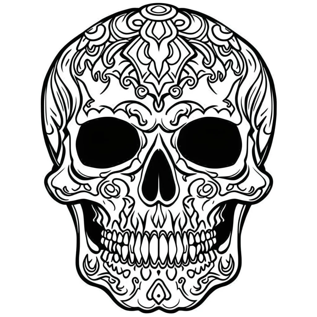 very simple Coloring page for beginers with skull anime cartoon style , very Bold outlines and white background, not very detailed, without any patterns