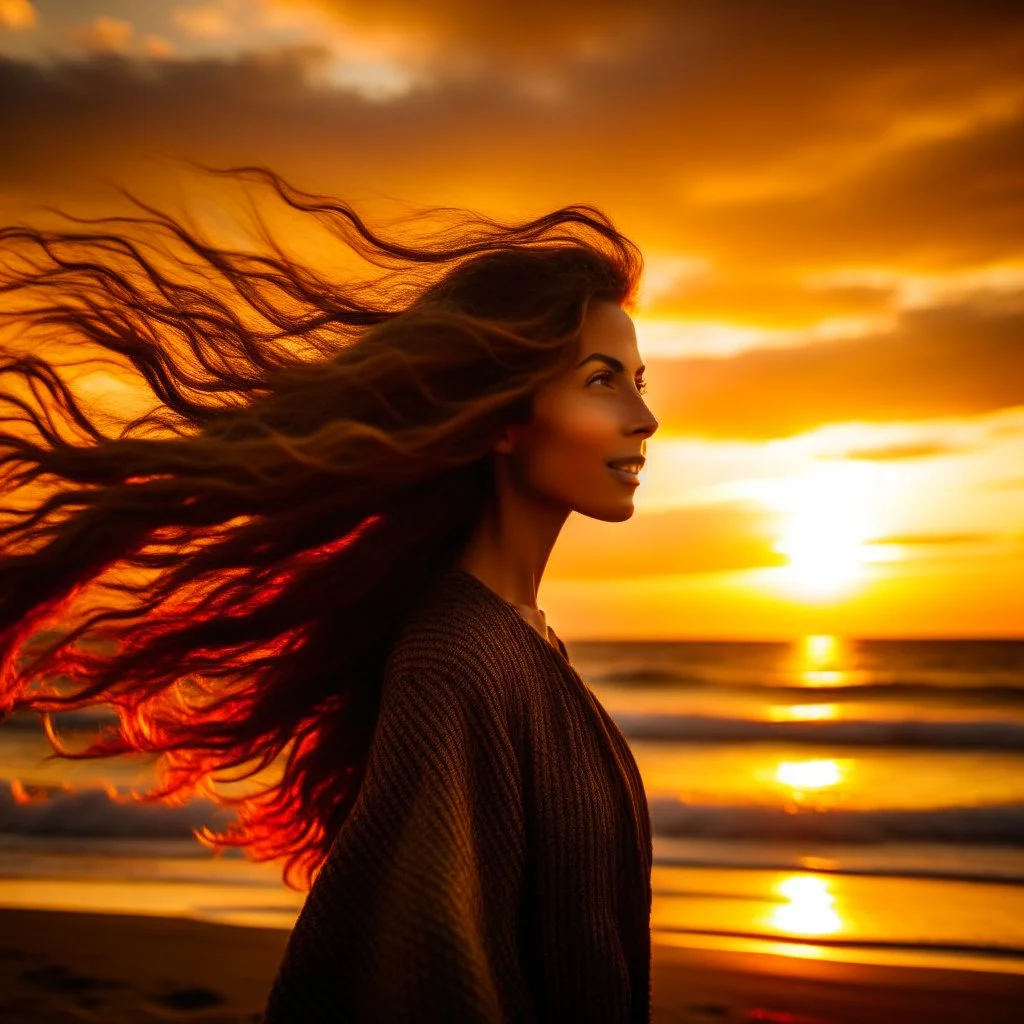 A very scantily clad young woman standing on the beach watching the sunset. The wind is playing with their hair.